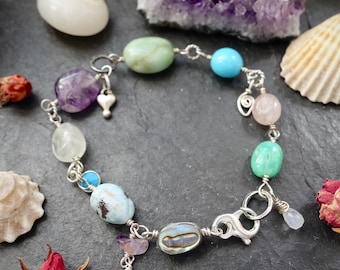 Boho bracelet natural gemstones solid silver, Chunky link bracelet stones, Colorful statement bracelet handmade, Turquoise bracelet charms