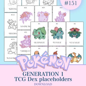 Op de afbeelding: Een verzameling Generation 1 Pokémon TCG Dex-plaatsaanduidingen. De afbeelding toont verschillende Pokémon-illustraties, waaronder Bulbasaur, Ivysaur en Venusaur, op individuele kaarten. De tekst "Pokémon" is prominent aanwezig.