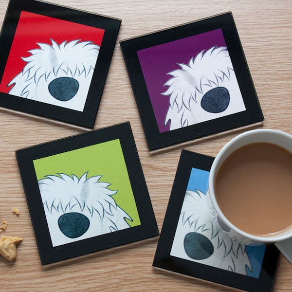 Glass Coaster - BRY -  Dog Illustration - Cute animal illustration - Quirky Gift - ShaggyDog Cartoon -  4 Colours available