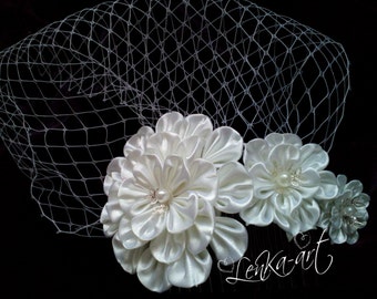 wedding veil comb kanzashi Fascinators  wedding  hair  petals fan kanzashi tsumami zaiku white comb