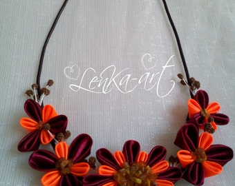 kanzashi petals set necklace ring earrings claret  neon light amber from above of the Polish Baltic