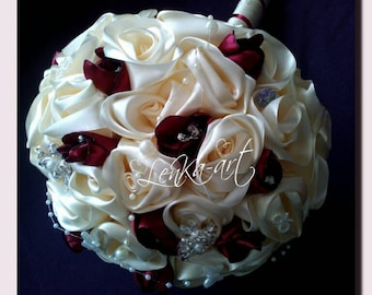 bridal  bouquet hand made ecru bordo satin flowers