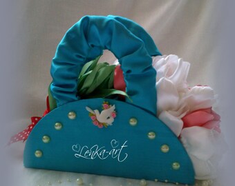 Wedding bouquet Blue Purse Decoration with Flowers and Dove, Blue White Pink Home Decor, Hostess Gift, Purse Collector