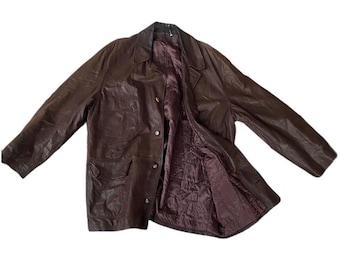 Blazer vintage de cuero marrón, chaqueta abotonada (XL)