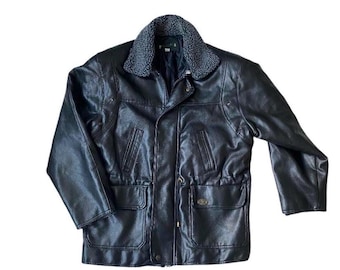 Chaqueta de cuero italiana vintage, cuello negro, talla mediana