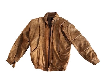 Chaqueta de motociclista vintage de cuero color canela, estilo años 80 acanalada