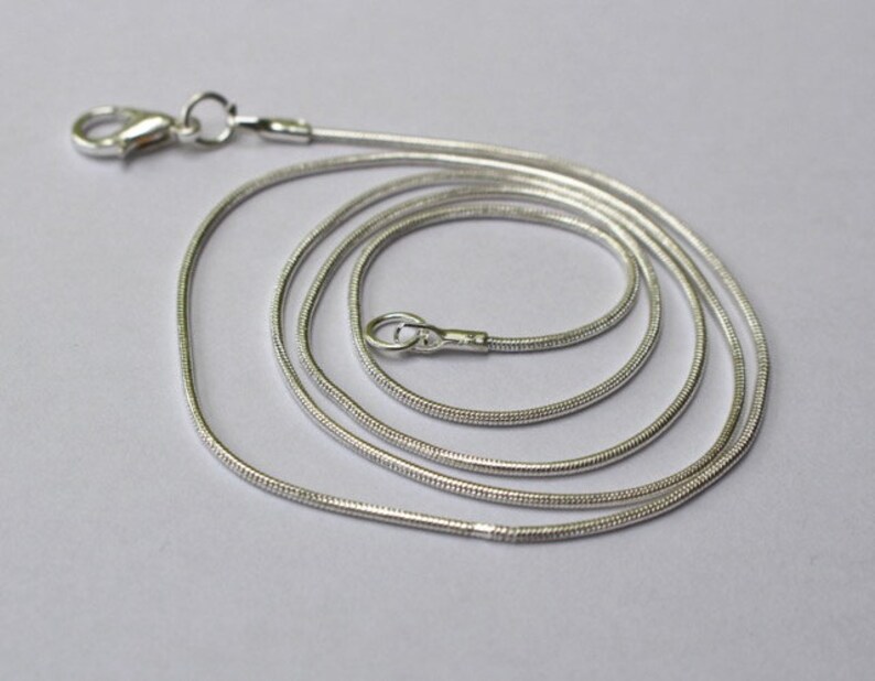 May include: A silver snake chain necklace with a lobster clasp.