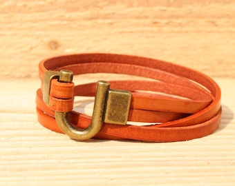 hook leather bracelet women's leather bracelet 3rd anniversary mens leather wrap gift for him fathers day brass hook leather gift him her