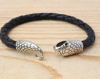 mens womens unisex leather bracelet antique silver tone snake head clasp black braided leather 3rd anniversary boyfriend gift husband father