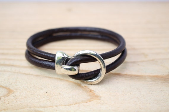 brown leather bracelet mens women unisex bracelet antique silver tone clasp double strand leather anniversary boyfriend husband father's day