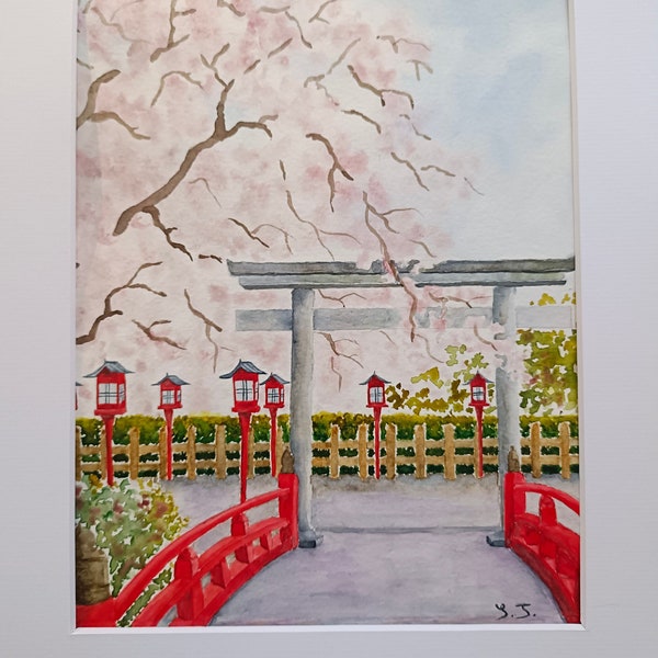 Aquarelle Japon :"Le cerisier derrière le pont"