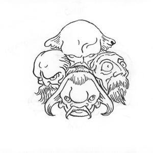 May include: A black and white illustration featuring four stylized faces with exaggerated features. The faces have beards, mustaches, and furrowed brows, creating a whimsical and slightly menacing design. The artwork is set against a plain white background.