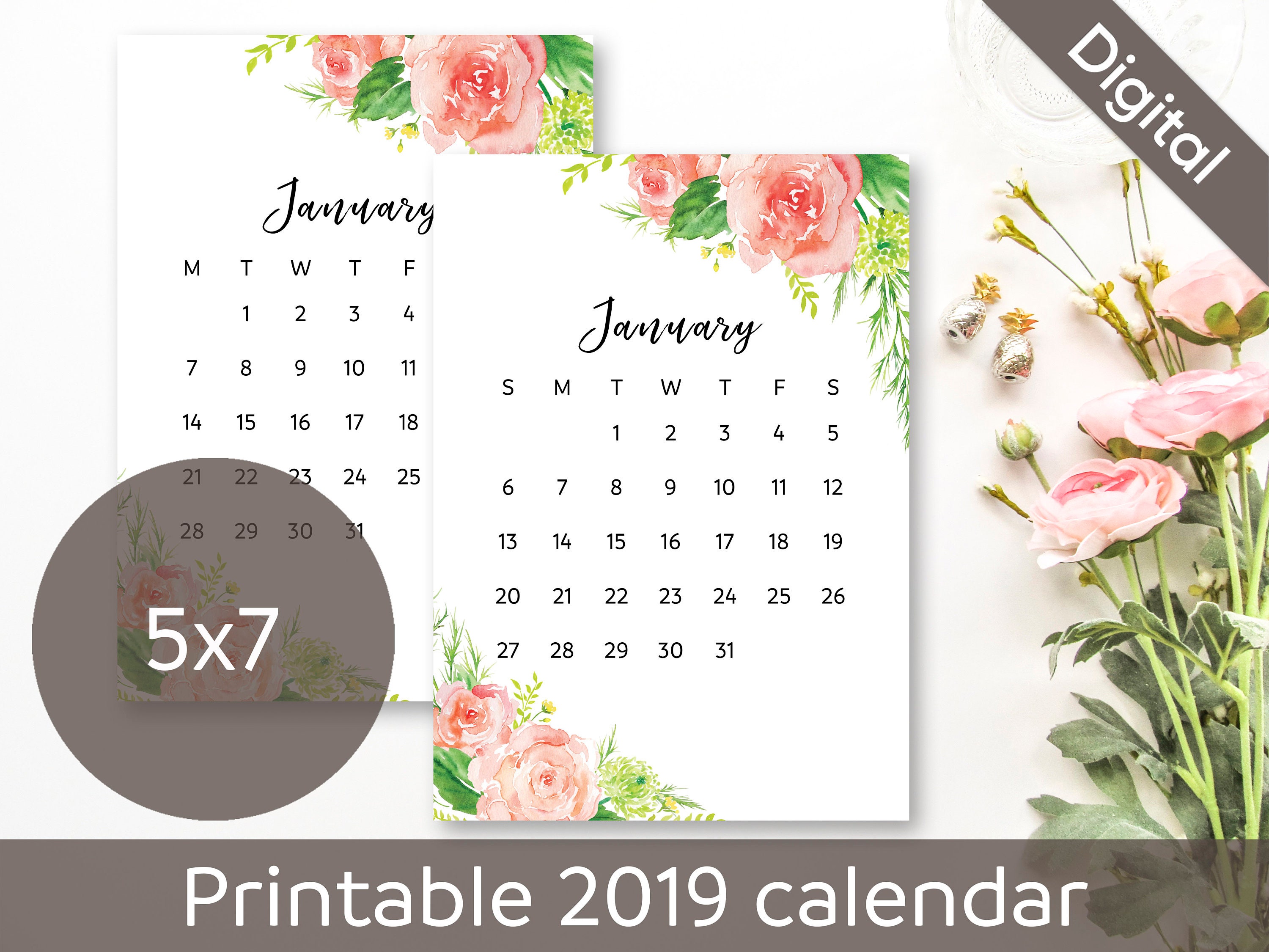 2019 Printable Calendar 5x7 Desk Calendar Roses Printable