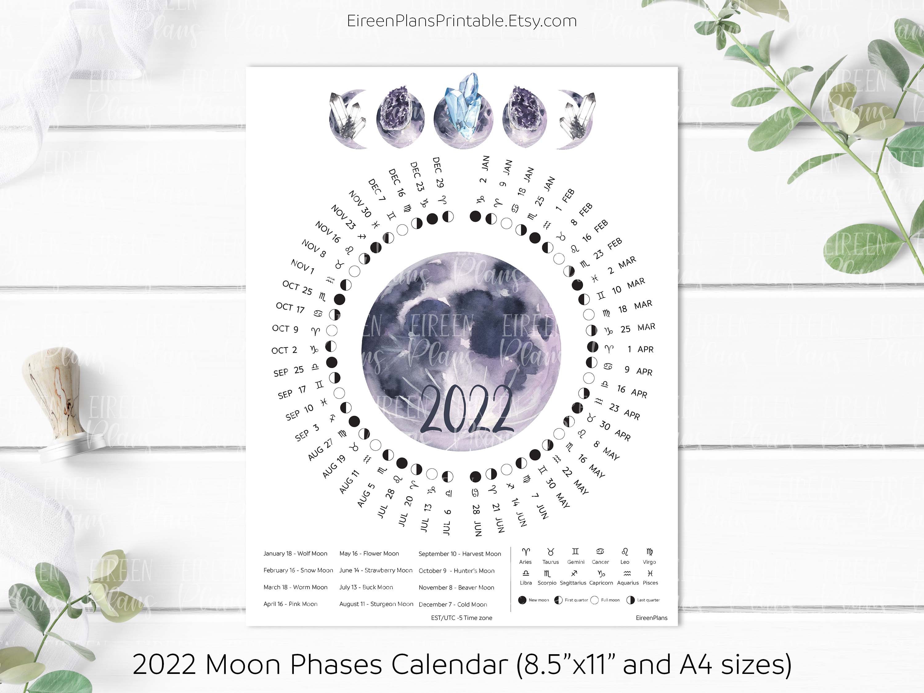 Printable 2022 Moon Phases Calendar 2022 Lunar Calendar | Etsy
