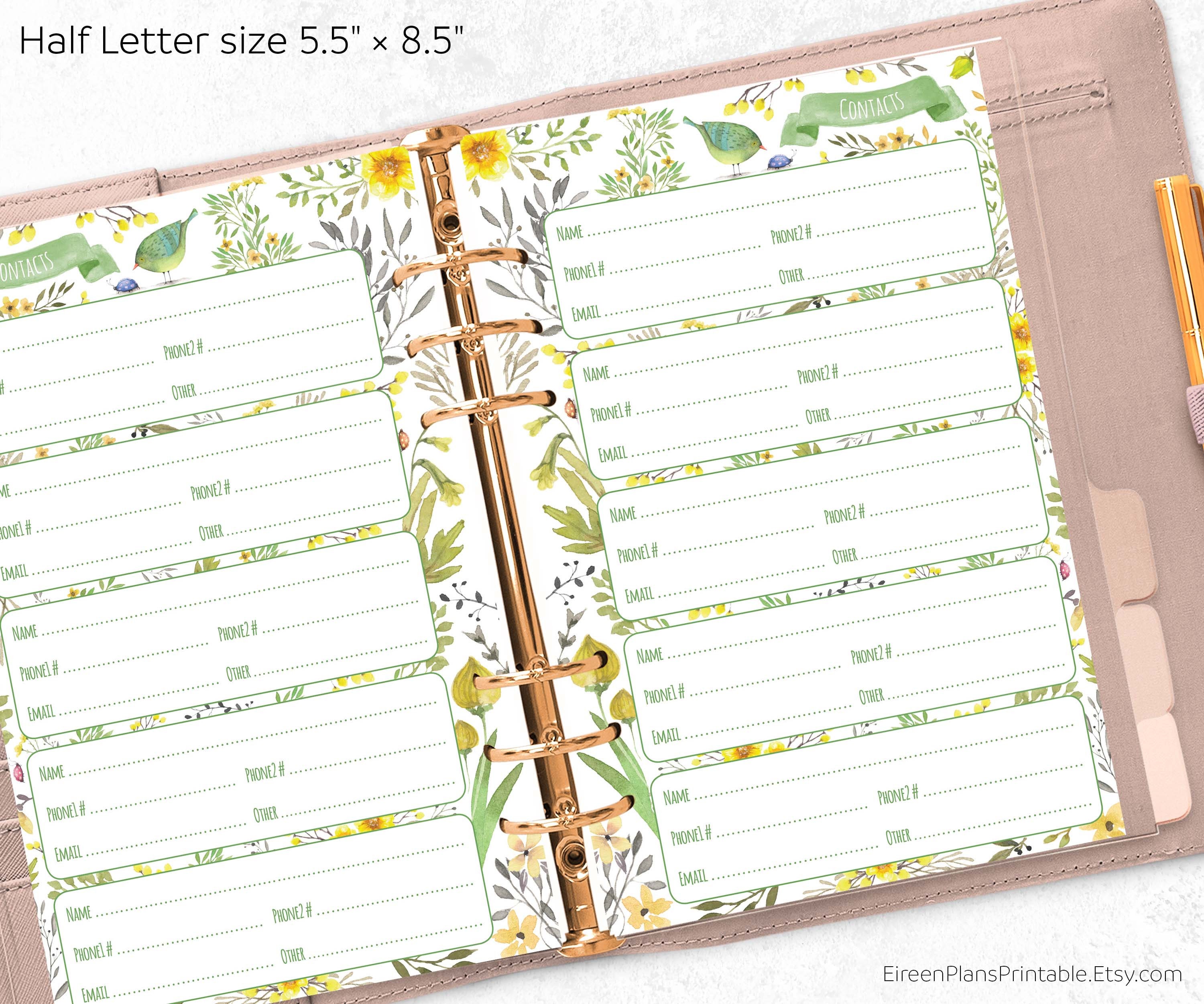 Floral Inserts DIY Planner PDF Instant Download Half size Contact ...