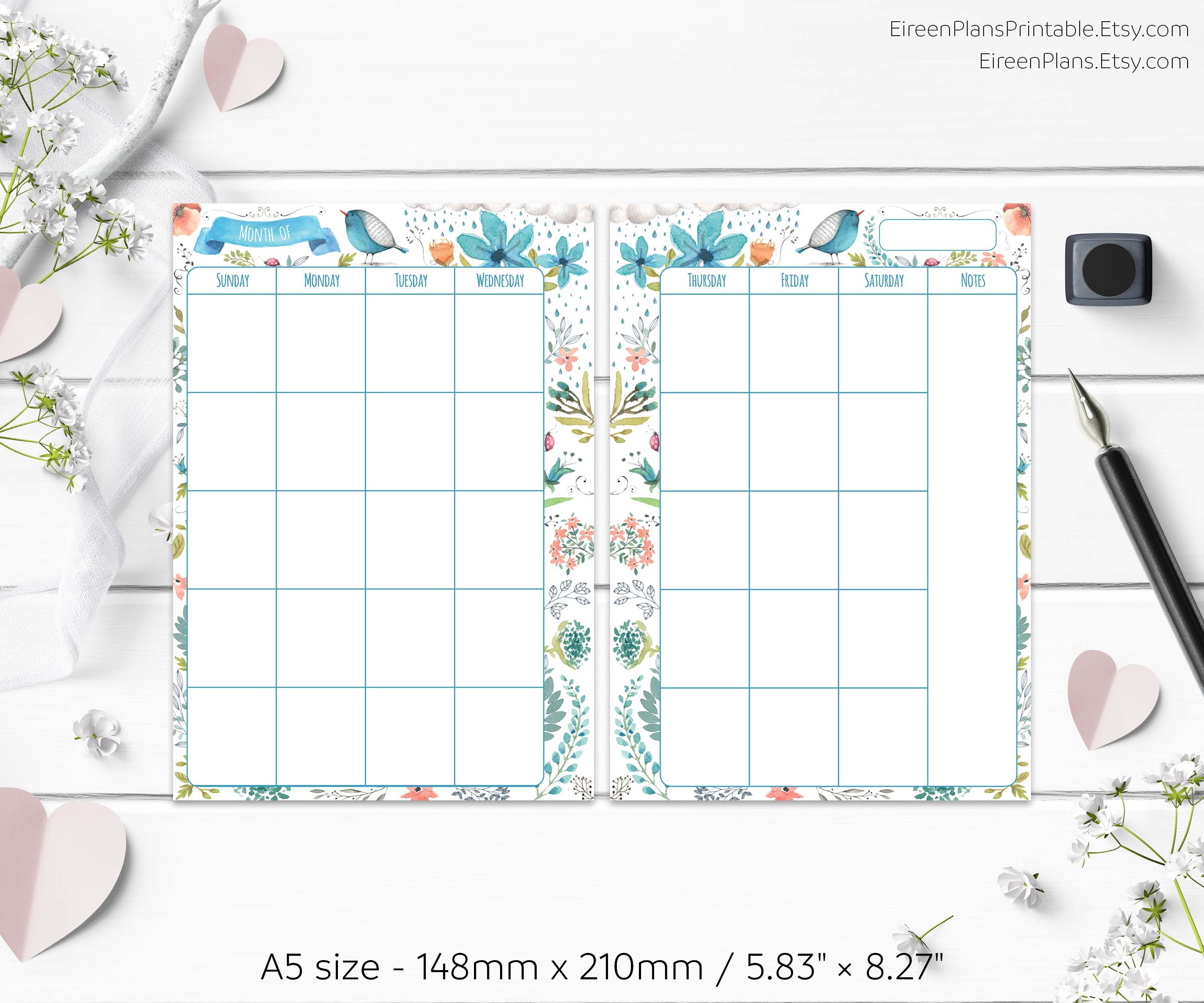 A5 Monthly Planner Printable Floral Calendar PDF Undated | Etsy