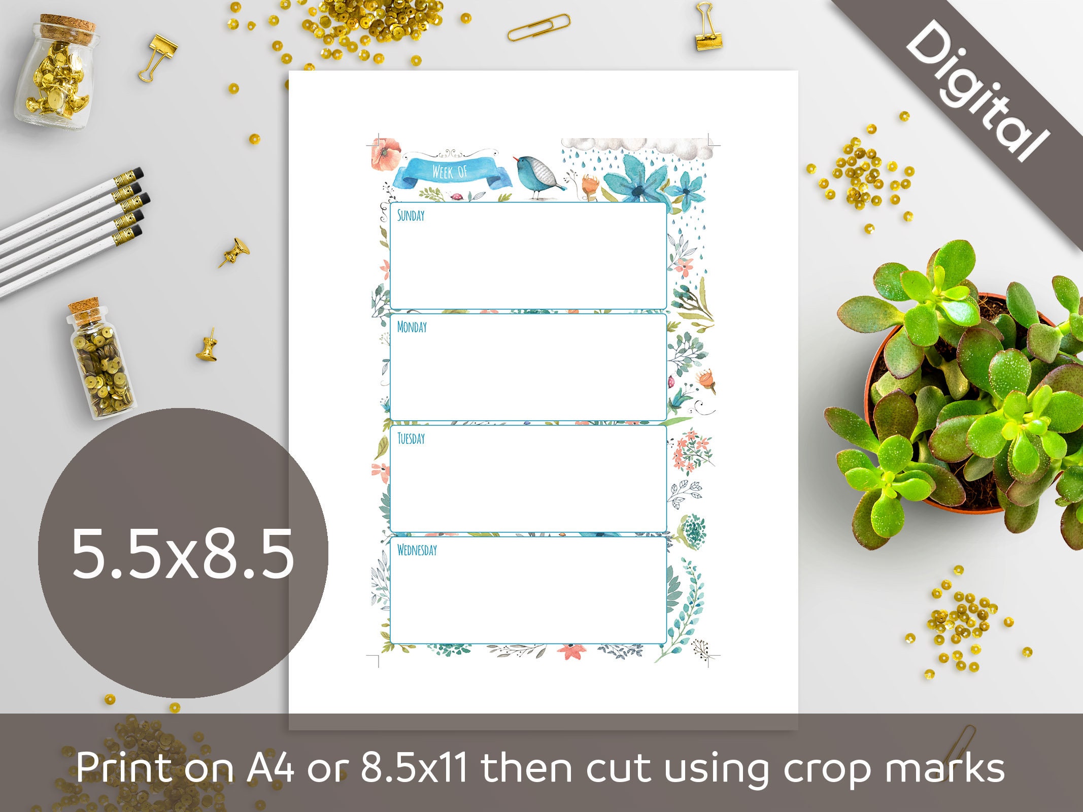 5.5x8.5 Weekly Planner Printable Undated Weekly WO2P Half | Etsy