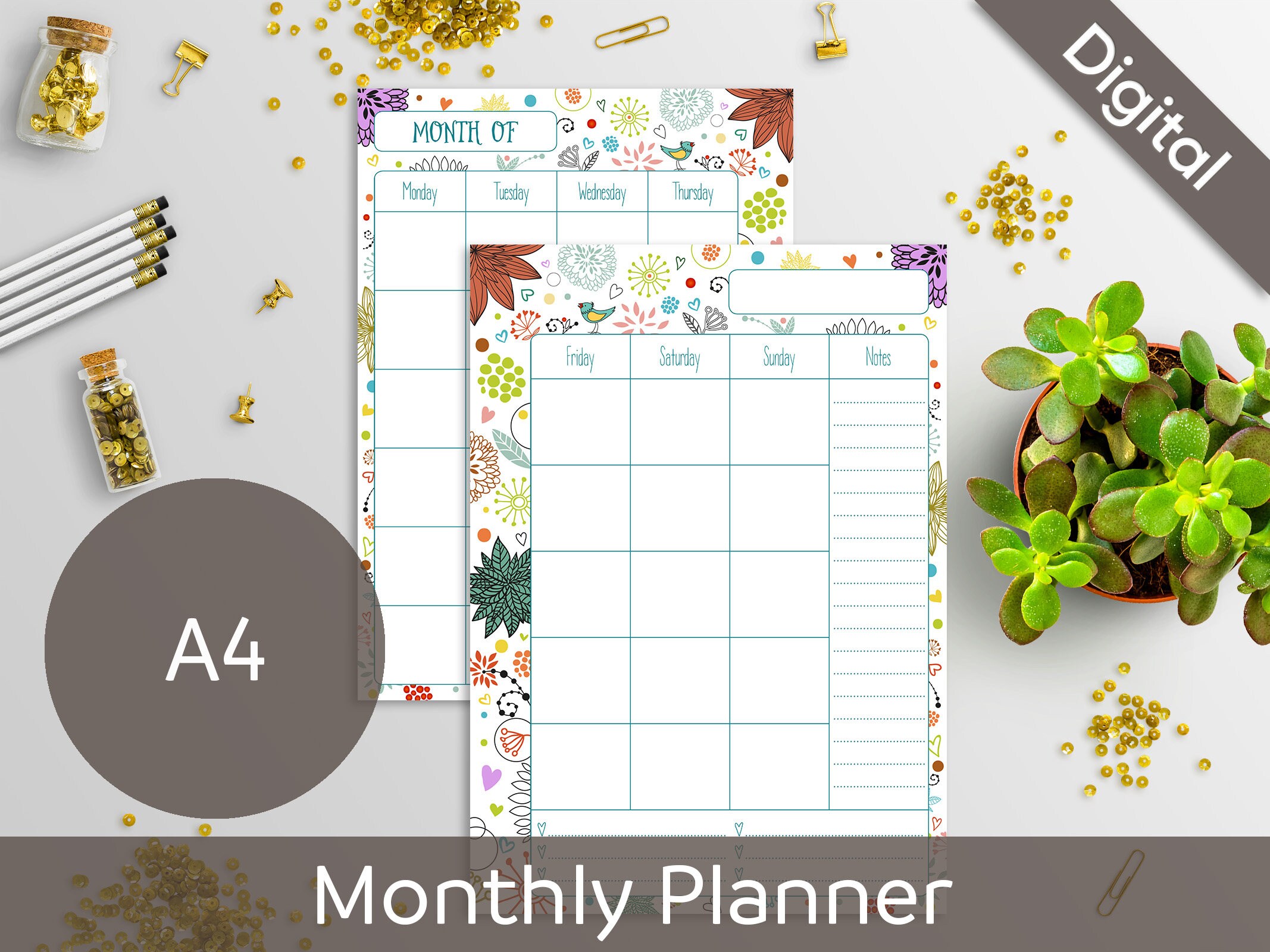 A4 Monthly Planner Printable 2 Page Undated Monthly Monthly | Etsy