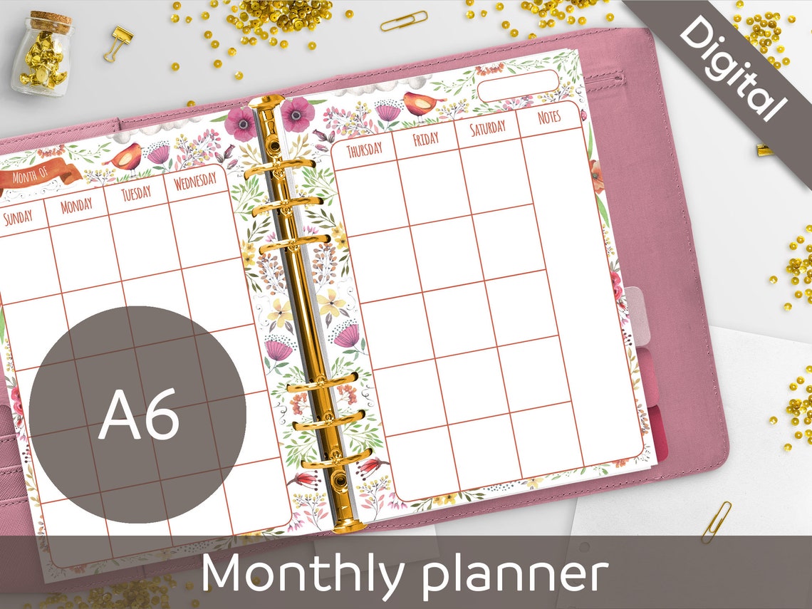 A6 RINGS Monthly Planner Printable Undated Monthly Calendar | Etsy