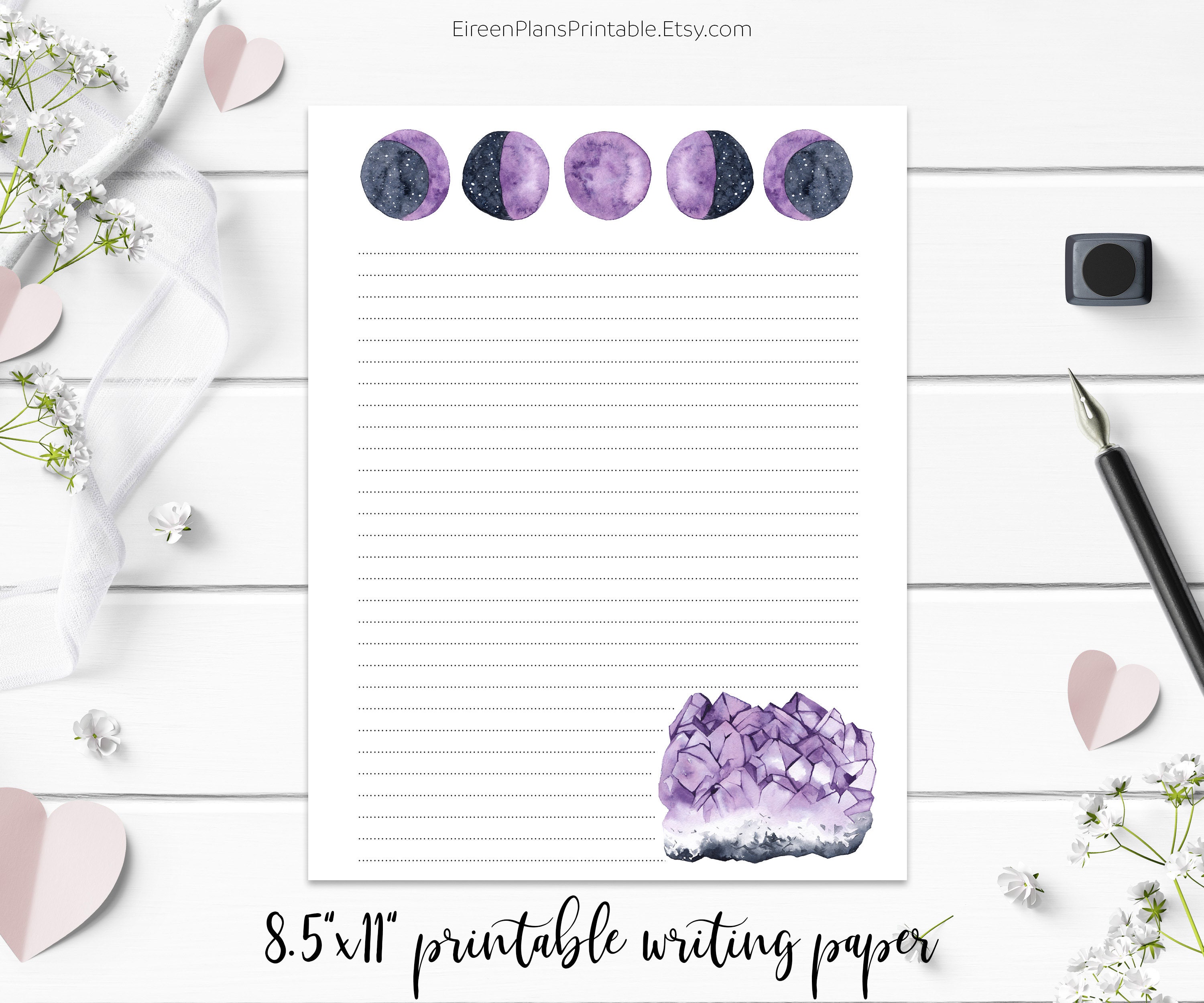 8.5x11 Printable Writing Paper Moon Phases Amethyst Witchy | Etsy