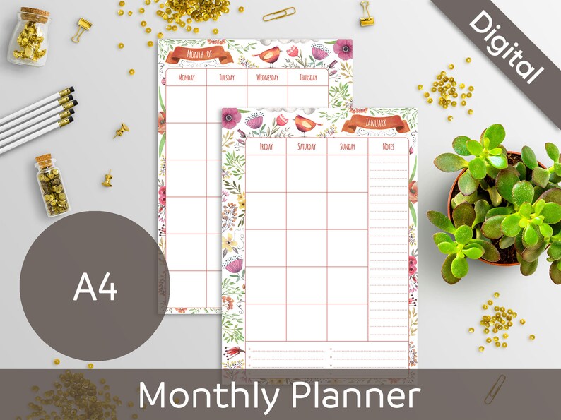 A4 Monthly Planner Printable 2 Page Undated Monthly Monthly | Etsy