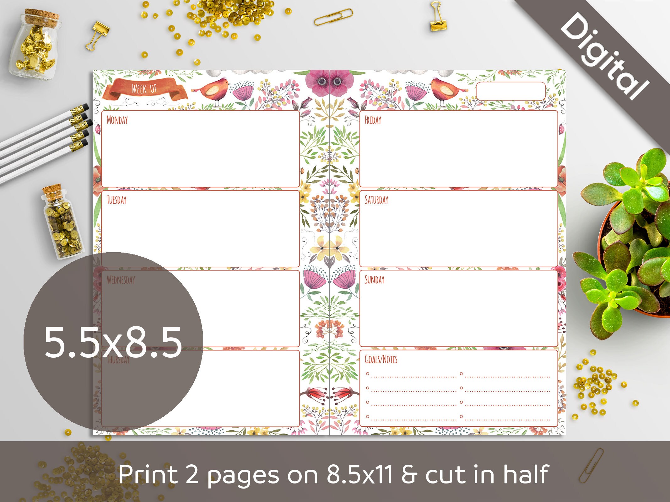 5.5x8.5 Weekly Planner Printable Undated Weekly Half size | Etsy