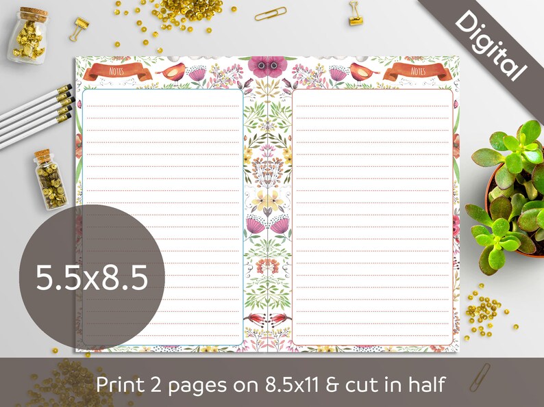 5.5x8.5 Notes Printable Half page printable refills Lined & | Etsy