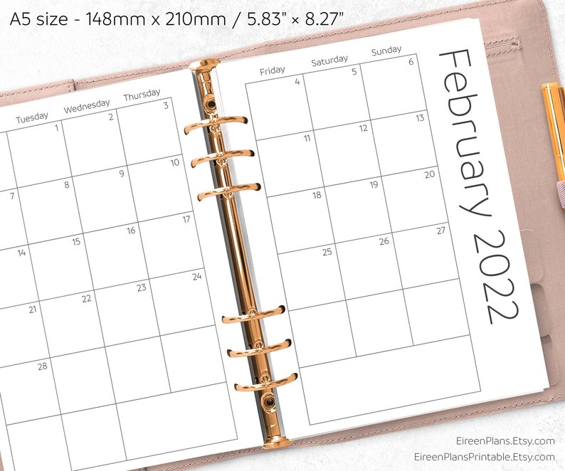 a5 2022 monthly planner printable inserts minimalist