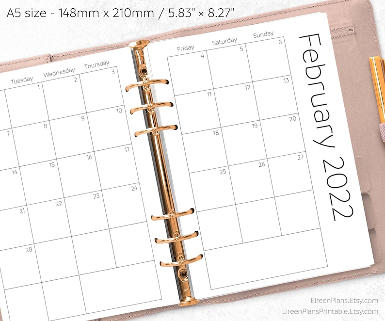 a5 2022 monthly planner printable inserts minimalist