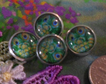 4 Glass Dome Buttons  Peacock Feathers 1/2"