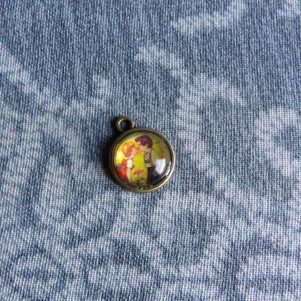 1 Glass Dome Charm with Hansel and Gretel  1/2 Inch  Brass Setting