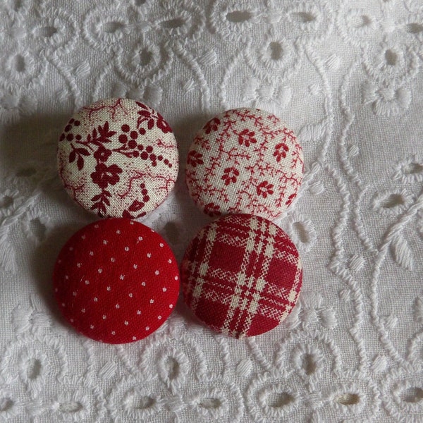 4 Fabric Covered Red Buttons 7/8 inches