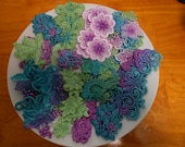 12 Pcs. Hand Painted and dyed lace Flowers For Crazy Quilting, scrap booking, junk journal Embellishments Peacock Colors