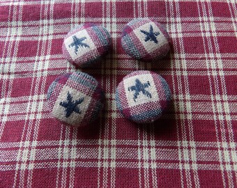 4 Fabric Covered Primitive Patriotic Buttons 7/8 inches Stars are not Centered!