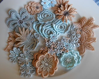 12 Pcs.Hand Painted dyed lace Flowers & Leaves Crazy Quilting, junk journal  "Lonely Pine" Lot 2 different Motifs