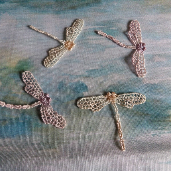 4 Hand Painted Lace Dragonflies  1 3/4 x 2 inch  Peach and Lilac