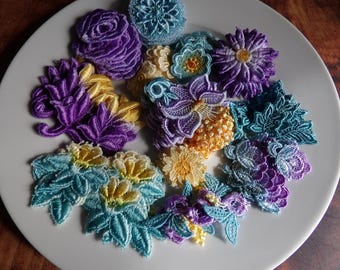 12 Pcs.  Hand Painted lace Flowers Crazy Quilting, scrap booking, junk journal  Embellishments--