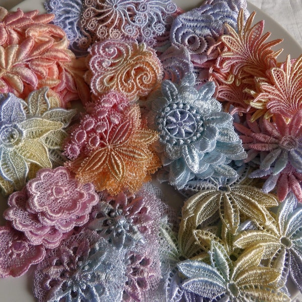 12 Pcs.  Hand Painted and dyed lace Flowers For Crazy Quilting, scrap booking, junk journal  Embellishments  " Sunrise"