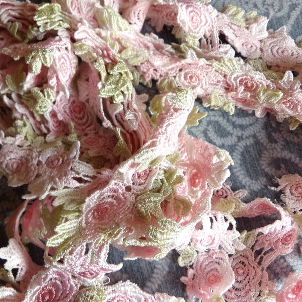 1 Yard  Hand dyed Venise lace For Crazy Quilting, scrap booking, or journal  Embellishments   Pink and  Green  1 Inch wide