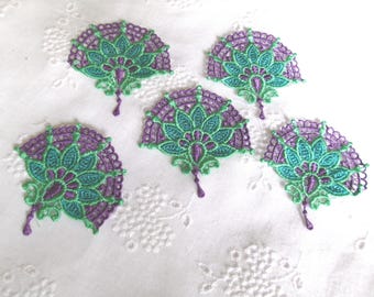 Hand Painted Lace Fan Embellishments, Green & Purple, 2-inch, Set of 5
