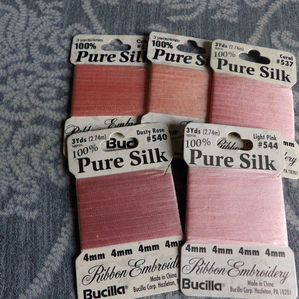 5 Packs  Bucilla Silk Ribbon 4mm Wide  15 Yards Lot # 33   Pink & Peach vintage