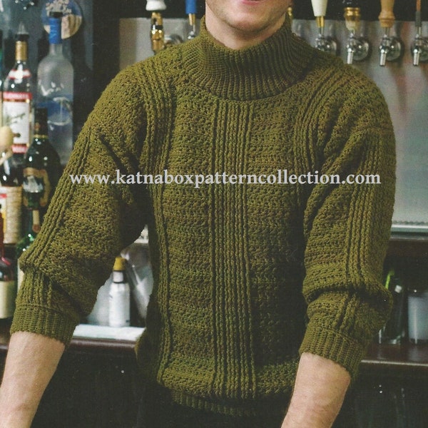 Crochet Mens "Gatsby" Turtleneck Sweater Pattern #KC1797, Advanced Skill Level, Crochet PDF DIGITAL Pattern