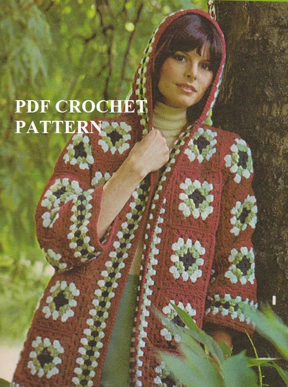 Crochet PDF Pattern: Ladies Granny Square Hooded Jacket