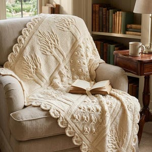 May include: An off-white knitted throw blanket featuring raised cable-knit tree motifs and textured botanical patterns. The blanket has a scalloped edge border and is draped over a chair with an open book resting on its surface.