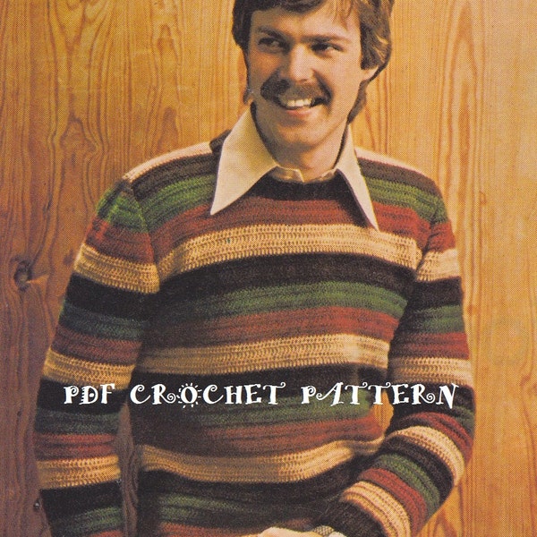 Crochet Mens Striped Pullover Sweater Pattern #KC0258, Intermediate Skil Level, Crochet PDF Digital Pattern