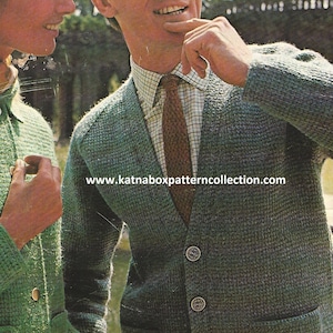 May include: Two people are wearing green knitted cardigans with button closures. The cardigan on the left has a patch pocket. The cardigan on the right has a brown patterned tie. The text "www.katnaboxpatterncollection.com" is visible on the image.