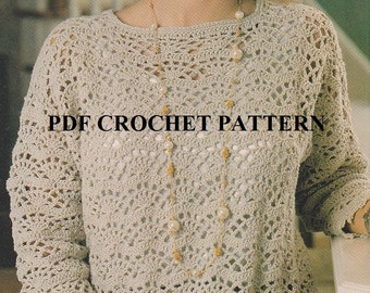 Crochet Ladies Fan Lace Pullover Sweater Pattern #KC0091, Advanced Skill Level, Crochet PDF Pattern