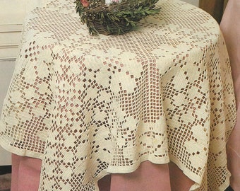 Crochet Rose Filet Tablecloth 52"Square Pattern #KC1668, Intermediate Skill Level, Crochet PDF Digital Pattern