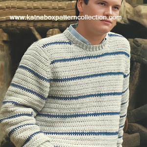 May include: A striped crocheted sweater in shades of gray and blue. The sweater has a crew neck and long sleeves.