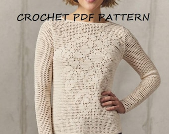 Pode incluir: Um suéter de crochê cor de creme de manga comprida com um delicado padrão floral integrado na malha. A peça tem um decote canoa e uma silhueta ajustada. O texto CROCHET PDF PATTERN é claramente visível na área do peito.